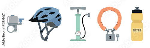 Collection of bicycle accessories including a bell, helmet, pump, lock, and water bottle arranged in a row in a flat vector illustration style for cycling enthusiasts