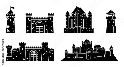 Set of black medieval castle silhouettes featuring various fortresses, towers, and citadels in a simple graphic vector style for historical or fantasy design elements