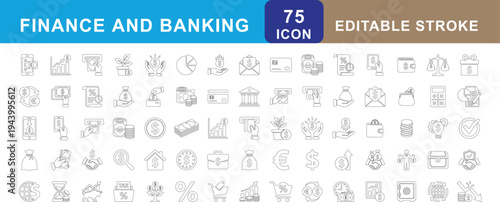 A collection of simple line icons representing finance, money, and economic concepts. Editable Stroke 