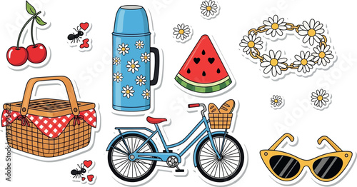 Cute Summer Picnic Sticker Set, Vector Cartoon Bicycle, Wicker Basket, Thermos, Watermelon, Flower Crown, and Sunglasses Icons for Outdoor Lifestyle Design