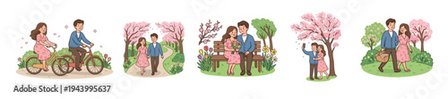 Charming set of five hand-drawn illustrations depicting a romantic couple enjoying various spring date activities like biking, walking, and picnicking in a lovely park