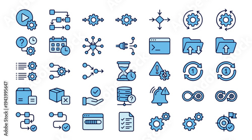 Night Delivery and Logistics Icon Set for Express Shipping, Overnight Courier Service, 24/7 Freight Trucking, Parcel Distribution, Secure Warehouse, and E-commerce Supply Chain Flat Line Art