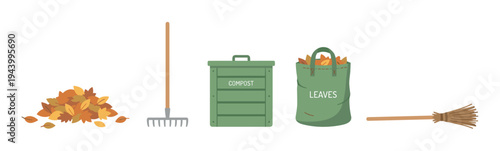 Gardening tools and equipment set for autumn yard cleanup including a rake, broom, green compost bin, leaf bag, and a pile of fallen leaves in a flat vector illustration style