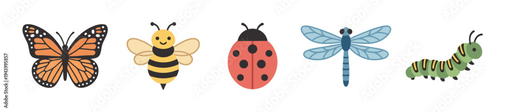 Obraz premium Cute collection of illustrated garden insects including a butterfly, bee, ladybug, dragonfly, and caterpillar in a charming, flat cartoon style for children's design
