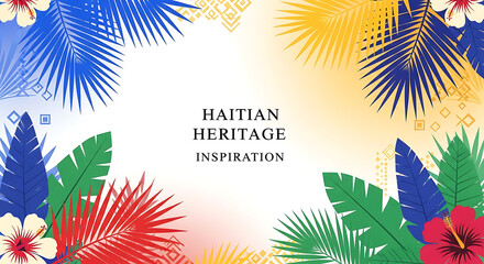 Haitian heritage inspiration colorful tropical leaves and flowers border design with palm fronds and hibiscus blooms on white background