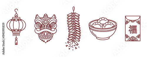 Set of Chinese New Year celebration icons featuring a lantern, lion dance head, firecrackers, dumplings, and a red envelope with a good luck character in a minimalist line art style