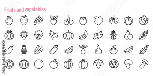 Collection of Outline Icons for Fruits and Vegetables on White line art