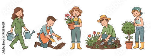 Set of cartoon people gardening shows characters watering, planting seeds, holding a potted flower, digging in a garden bed, and pruning a bush in a charming hand-drawn style
