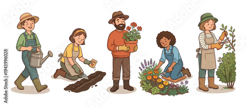 Diverse set of cartoon people gardening shows characters watering plants, sowing seeds, holding a flowerpot, weeding a flowerbed, and pruning a bush in a charming illustrated style