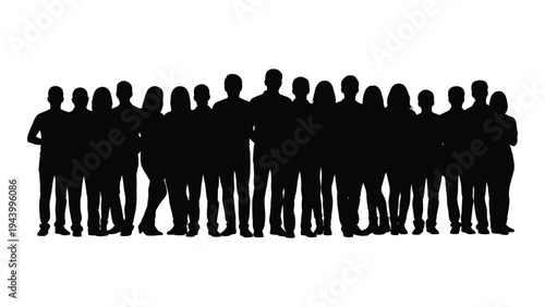 A group of people standing together in a line, silhouette illustration, diverse crowd, anonymous figures, black shapes on white background