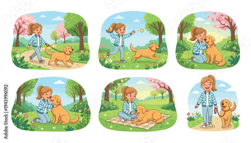 Happy young girl and her dog in a set of six cartoon illustrations showing them walking, playing fetch, hugging, and relaxing together in a lovely spring park