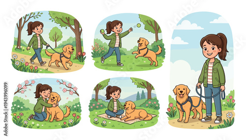 Set of cartoon illustrations showing a girl and her golden retriever dog spending time together, walking on a leash, playing fetch, hugging, and relaxing in a spring park