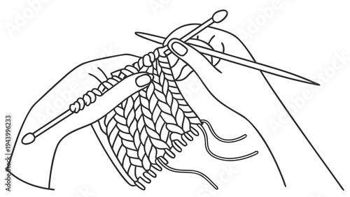 Hands skillfully knitting with needles and yarn, creating a textured fabric.