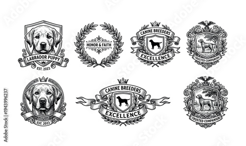 Set of six vintage dog-themed emblems in a classic black and white hand-drawn style, featuring heraldic shields, Labrador illustrations, laurel wreaths, and ornate ribbons