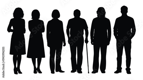 A group of six people standing in a line, silhouetted against a white background, showcasing diversity with a woman in a dress, a man with a cane, and others in various poses.