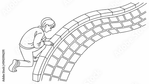 Curious child carefully examining textured brick wall on an elevated walkway