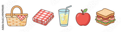 Collection of cute picnic item illustrations including a wicker basket, checkered blanket, lemonade, apple, and sandwich, presented in a simple cartoon style for summer themes