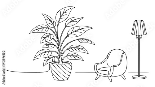 Cozy interior scene with a potted plant, armchair, and floor lamp, offering a sense of calm and relaxation.