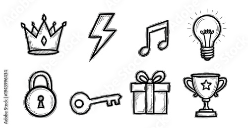 Hand-Drawn Doodle Icon Set, Vector Sketchy Crown, Music Notes, Lightbulb, Lightning Bolt, Key, Lock, Gift Box, and Trophy Symbols for Creative Design and Digital Planners