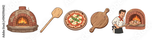 Collection of hand-drawn pizza making illustrations showing a brick oven, wooden peel, margherita pizza, cutting board, and a chef baking in a traditional pizzeria style