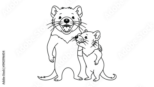Loving Devils Embrace: An endearing depiction of a tasmanian devil parent and child, their playful expressions exuding love and warmth in a monochrome sketch.