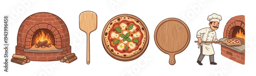 Pizzeria equipment and food illustration set featuring a traditional brick oven with fire, a baker, a classic margherita pizza, and wooden serving peels in a detailed cartoon style