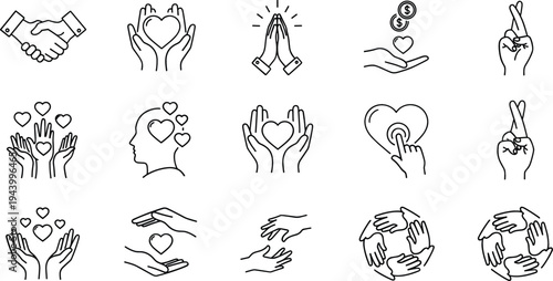Charity and donation line icon set featuring red heart shapes hands shaking giving money and family support symbols for humanitarian aid projects and non profit organizations design