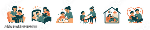 Set of six flat vector illustrations showing parents reading books to their children in various loving home scenes, including bedtime stories and educational family moments