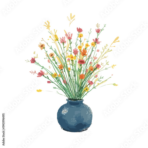 A digitally painted bouquet of wildflowers in a dark blue ceramic vase isolated on white