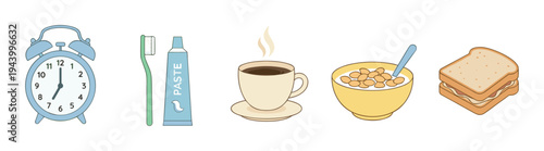 Set of morning routine icons including an alarm clock, toothbrush, coffee, cereal, and sandwich in a simple, flat cartoon illustration style representing a daily schedule