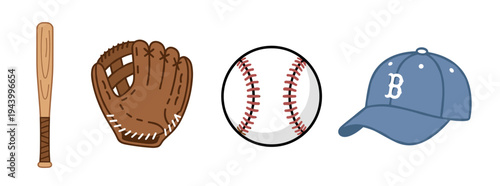 Collection of baseball sports gear icons, including a classic wooden bat, a leather mitt, a ball with red stitching, and a blue cap, in a simple flat cartoon illustration style