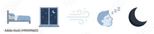 Set of five flat sleep icons representing bedtime and rest, featuring a bed, a starry night window, blowing wind, a sleeping person, and a dark crescent moon in a cool palette