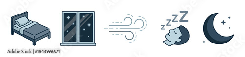 Set of five sleep-related icons in a modern line art style, featuring a bed, a starry night window, a gust of wind, a sleeping head, and a crescent moon