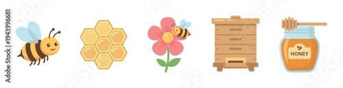 Set of cute cartoon bee illustrations with a honeycomb, flower, beehive, and a glass jar of honey, a collection of flat vector icons for beekeeping and apiculture concepts