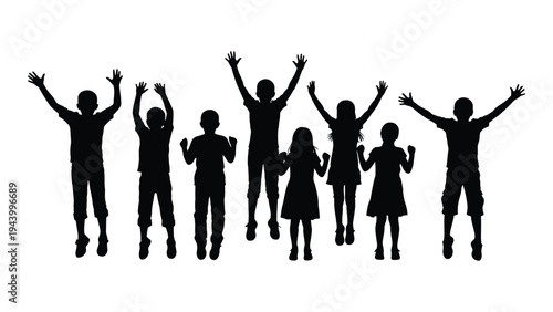 A group of happy people jumping in the air with their arms raised in celebration and excitement on a white background