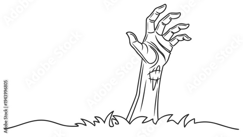 Emerging from the earth, a decaying hand reaches out with a spooky, unsettling gesture.