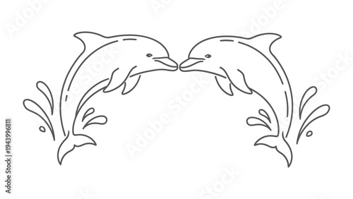 Dolphins' Embrace: Two graceful dolphins leap from the ocean waves, sharing a moment of connection. A line art illustration for a design to celebrate connection and joy.