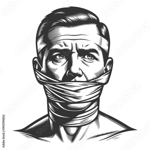 distressed man covering his mouth with cloth, censorship, suppression of speech, fear, and silence sketch engraving vector illustration. Scratch board imitation. Black and white image.