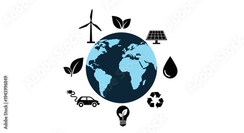 Earth surrounded by renewable energy and environmental symbols.