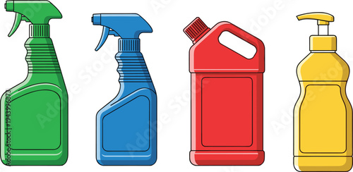 Set of household cleaning product bottles including spray, detergent, disinfectant and liquid soap containers, colorful vector illustration isolated on white background, hygiene and sanitation concept