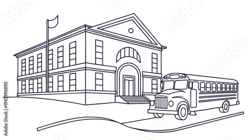 Classic school building with a vintage yellow bus arriving for students.