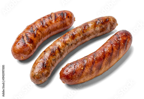 three delicious grilled sausages with char marks, presented on a plain transparent background, showcasing their appetizing texture and rich color, ideal for culinary content and advertisements.