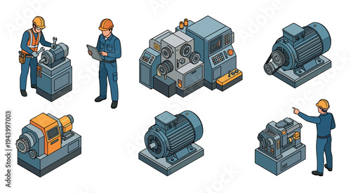 Set of isometric industrial illustrations showing factory workers repairing electric motors and engineers operating complex manufacturing machinery with gears and control panels