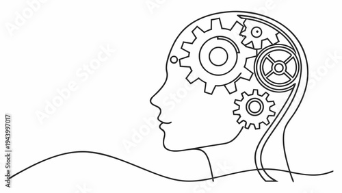 Intricate gears turning within a stylized human head, symbolizing thought and innovation.