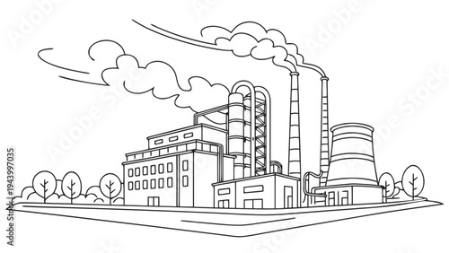 Industrial factory with smoke billowing from chimneys, symbolizing production and environmental impact.