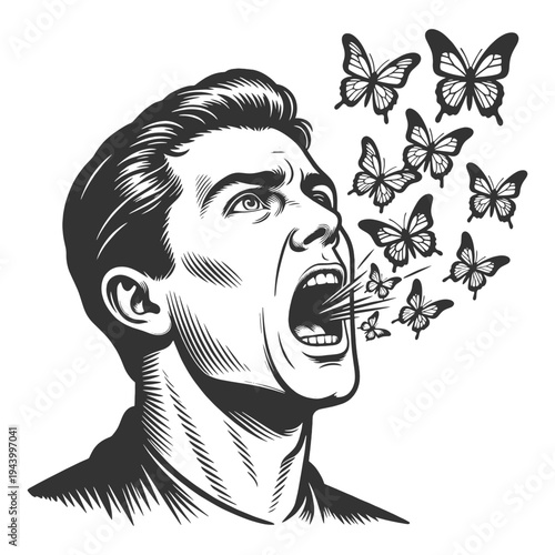 man shouting or breathing out butterflies, symbolizing freedom, imagination, transformation, and emotional release sketch engraving generative ai vector illustration. Scratch board. Black and white.
