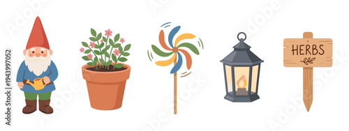 Collection of cute garden illustrations featuring a classic gnome with a watering can, a potted flower, a colorful pinwheel, a vintage lantern, and a wooden herbs sign