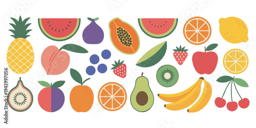 Colorful Assortment of Fresh Fruits Flat Design on White Background Keywords: fruit, fresh, healthy, colorful, pineapple
