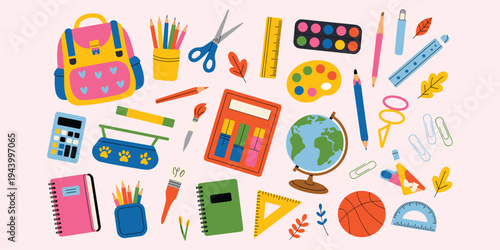 Colorful Assortment Of School Supplies And Stationery Items education learning