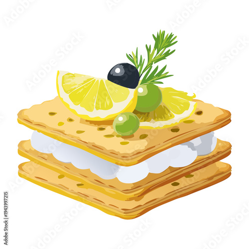 Crispy mille feuille savory pastry layered with smooth cream cheese lemon slices and black olives for elegant party snacks - Vector Illustration